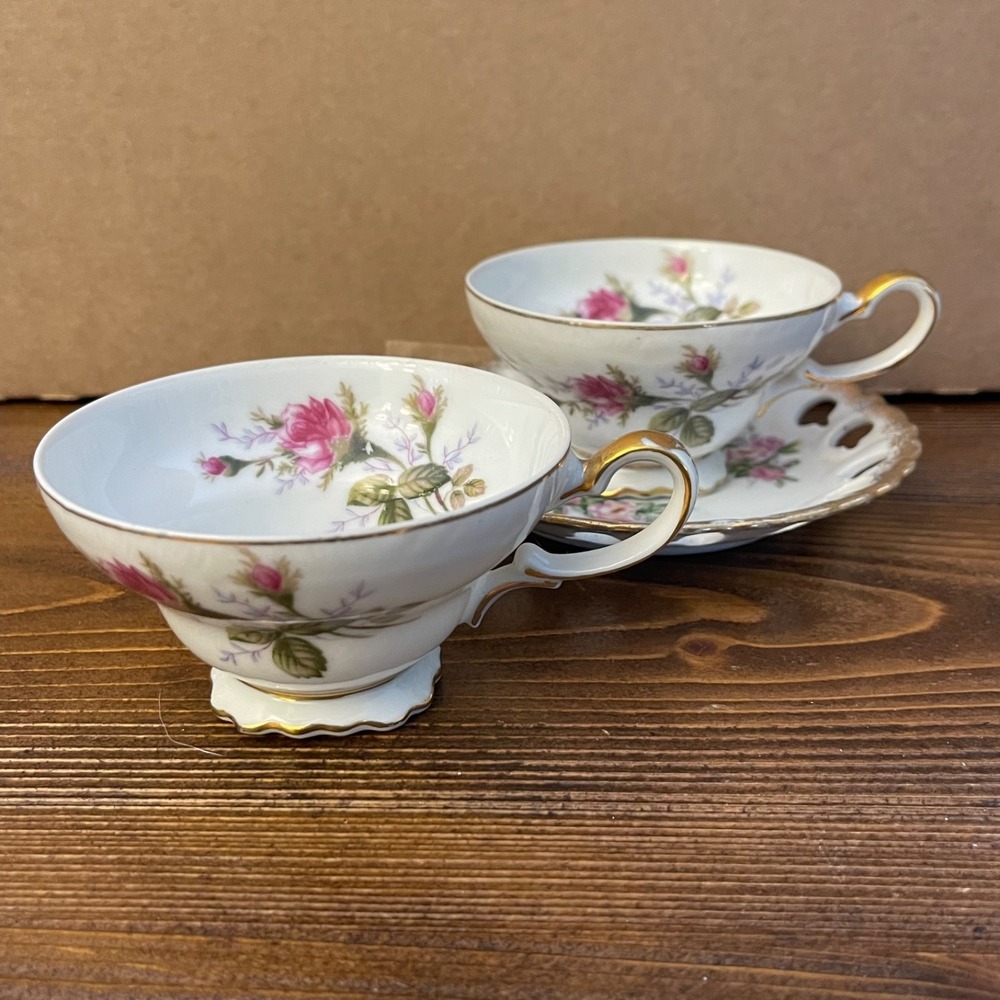 Vintage Moss Rose Porcelain Teacup Set & Heart Reticulated Saucer Unmarked